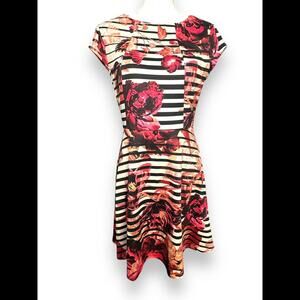 Beige by eci Floral Striped Cap Sleeve Skater Dress M